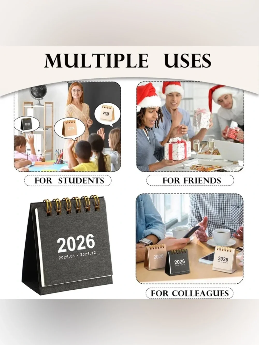 2026 Mini Spiral Desk Calendars - Brown, Cream, Black